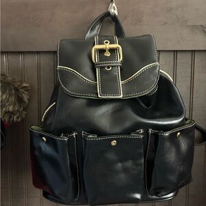 Black Leather Backpack with Gold Buckle and wallet